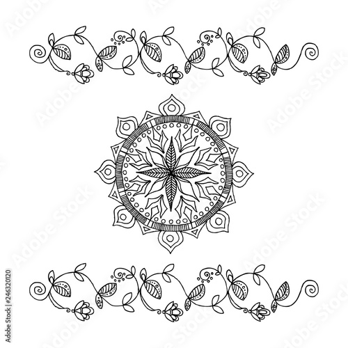 Hand-drawn flowers ribbon and mandala. Boho style illustration.