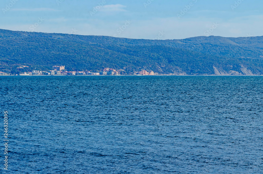 Seascape  of shore resort on the  Black Sea near by town Nessebar toward Elenite and mountain Balkan, Bulgaria, Europe  