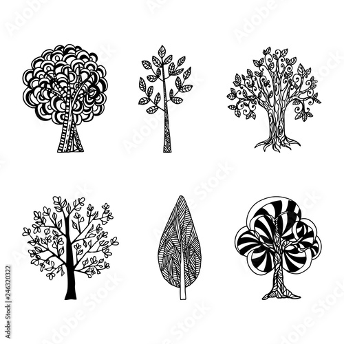 Vector a set of hand-drawn trees.  Tattoo style illustration.