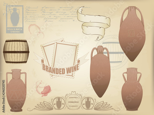 vector set of elements for design on the theme of winemaking. clay pitchers and oak wooden barrels. vintage ribbons and stamps. background old yellowed paper. red spots and retro patterns.