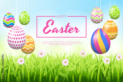 Happy easter background template with beautiful flowers, grass and eggs. Greeting Card. Vector illustration