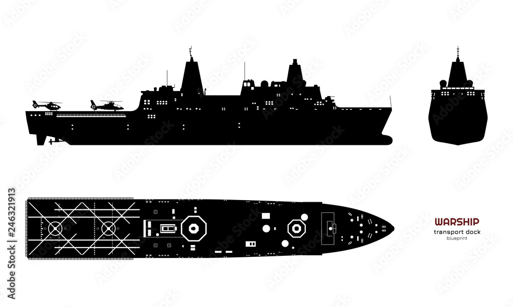 Obraz premium Black silhouette of military ship. Top, front and side view. Battleship model. Industrial isolated drawing of boat. Warship USS