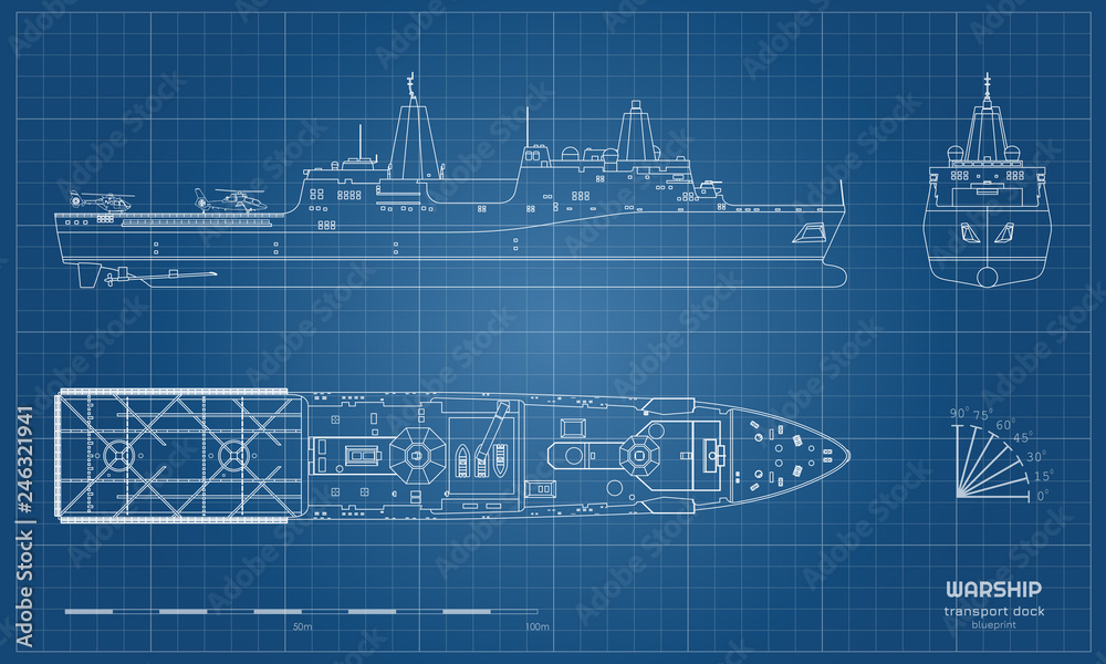 Obraz premium Zarys planu statku wojskowego. Widok z góry, z przodu iz boku. Model pancernika. Przemysłowy na białym tle rysunek łodzi. Okręt wojenny USS