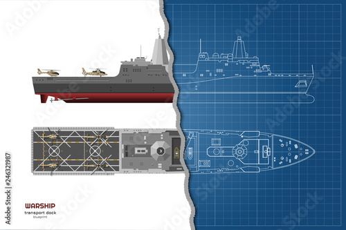 Outline blueprint of military ship. Top, front and side view. Battleship 3d model. Industrial isolated drawing of boat. Warship USS