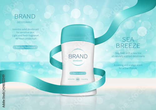 Vector realistic cosmetic promo poster for dry stick deodorant with fresh fragrance. Antiperspirant in white plastic tube with blue cap and turquoise silk ribbon. Mock up for magazine and catalog