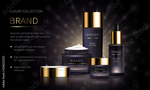 Night cosmetic line for face skin care realistic vector. Purple cream jar and serum, plastic tube. Luxury cosmetics collection on purple background with golden light rays Mock up for magazine, catalog