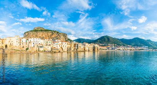 Landscape with beach and medieval Cefalu town  Sicily island  Italy