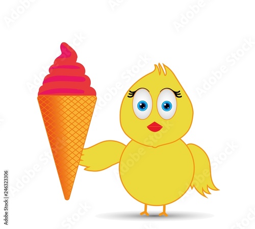 chick enjoying a cone ice cream