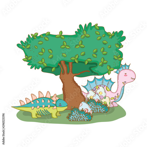 cute apatosaurus with tree in the landscape