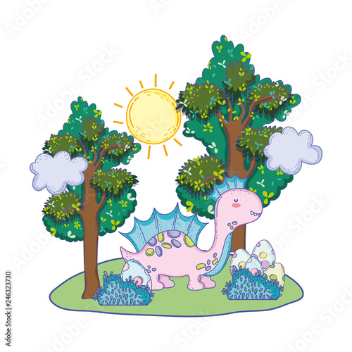 cute apatosaurus with tree in the landscape