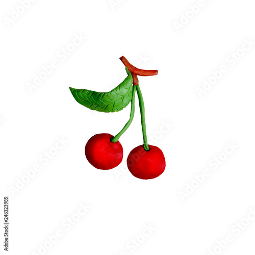 Colorful plasticine handmade 3D fruit  cherry berry  icon isolated on white background  