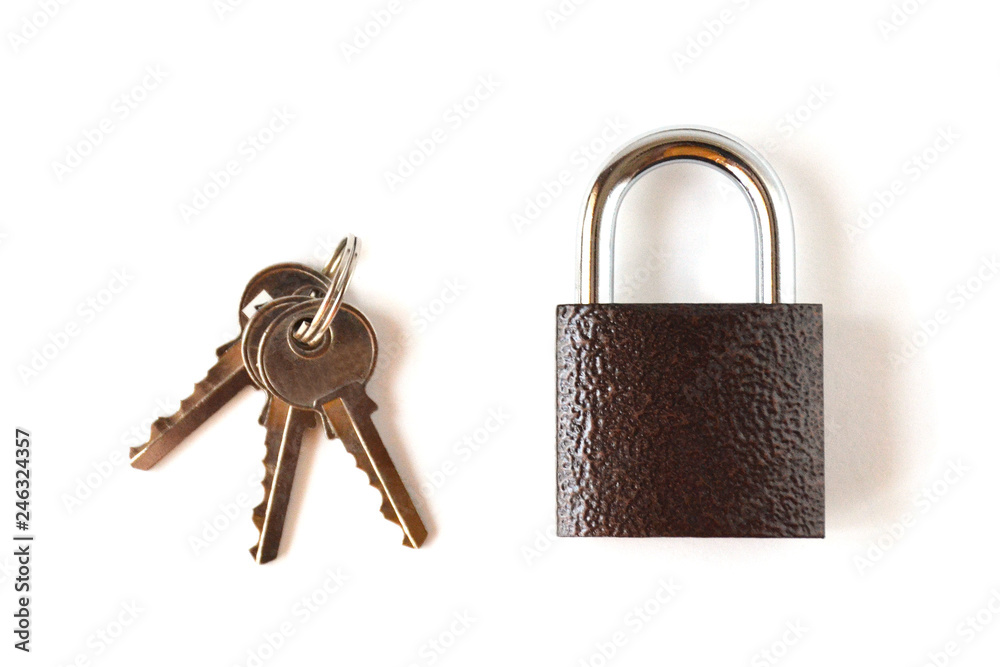 Isolated locked textural brown padlock with a bunch of three keys on a white background Isolated locked textural brown padlock with a bunch of three keys on a white background
