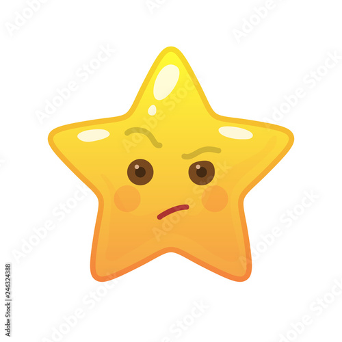 Envious star shaped comic emoticon. Suspecting face with facial expression. Critical emoji symbol for internet chatting. Funny social communication animation. Mood message isolated vector element