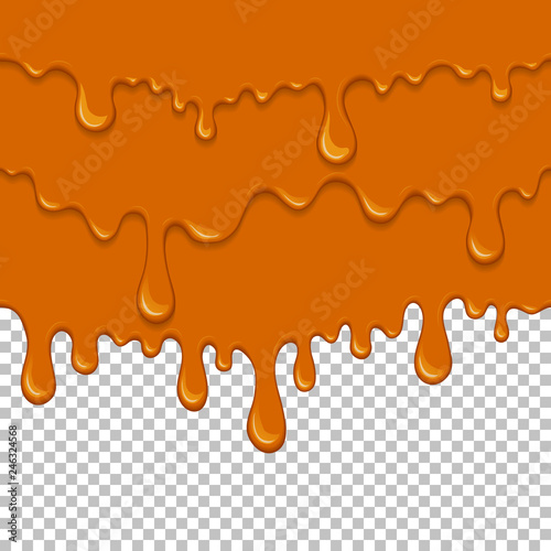 Orange sticky liquid seamless element. Realistic dripping slime isolated object. Dessert background with oozing honey. Popular kids sensory game. Gold caramel flowing repeatable vector illustration
