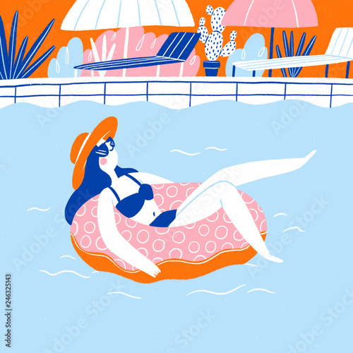 Illustration of a girl relaxing in the swimming pool