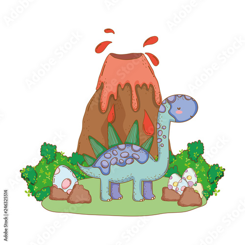 cute apatosaurus with volcano scene