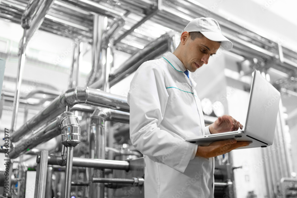 Fototapeta premium Technologist with a laptop in his hands at the dairy plant