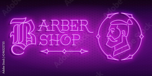 Neon banner barber shop. Violet neon inscription in tattoo style. Image of a man in a frame. On a metal background. Vector illustration.