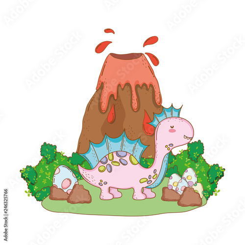 cute apatosaurus with volcano scene