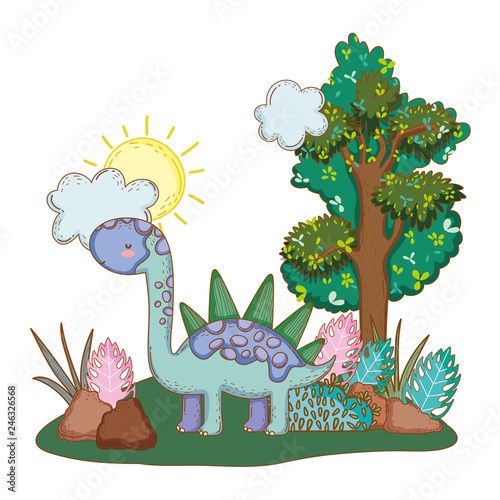 cute apatosaurus with tree in the landscape