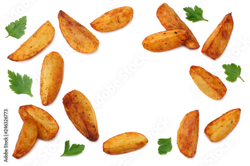 Fried potato wedges isolated on white background. top view. Fast food.