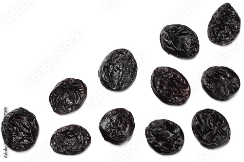 Dried plums - prunes isolated on white background. top view