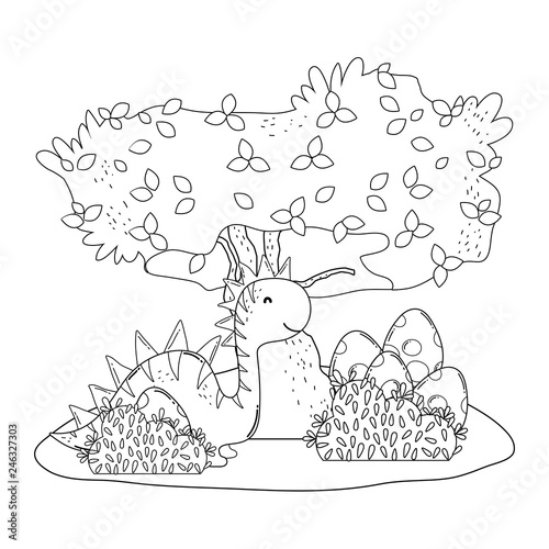 cute apatosaurus with tree in the landscape