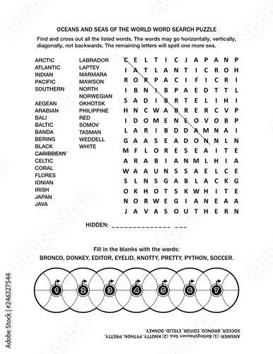 Puzzle page with two word games (English language). Oceans and seas of the world word search puzzle and fill the wheels. 