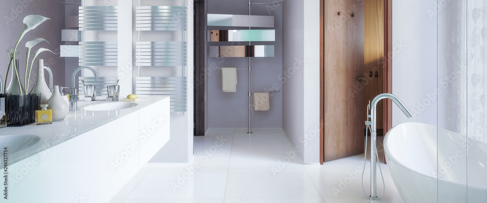 Modern bathroom in panoramic view - 3d visualization Modern bathroom in panoramic view - 3d visualization