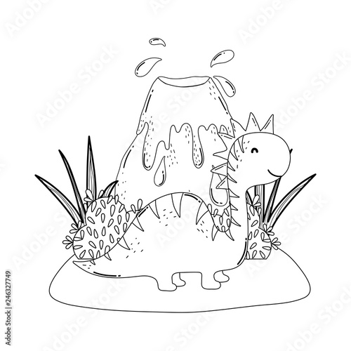 cute apatosaurus with volcano scene