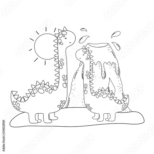 cute apatosaurus with volcano scene