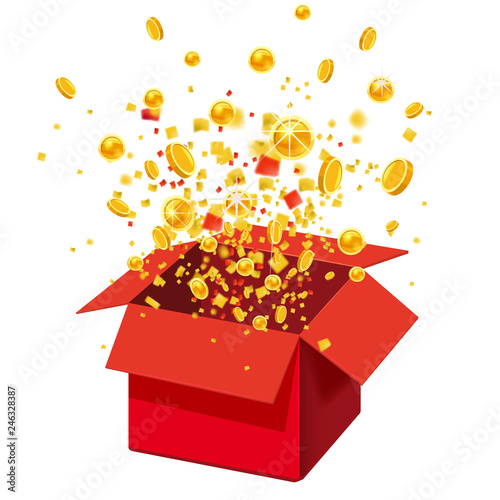 Box With Coins Exploision, Blast. Open Red Gift Box and Confetti. Win, lottery, quiz. Vector Illustration. Isolated, Template