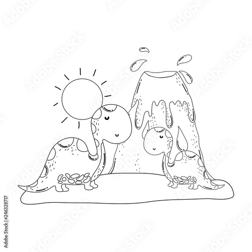 cute apatosaurus with volcano scene