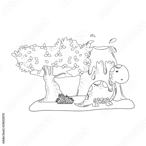 cute apatosaurus with volcano scene