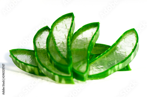 Cut Aloe Vera leaves shows transparent Aloe Vera gel inside.