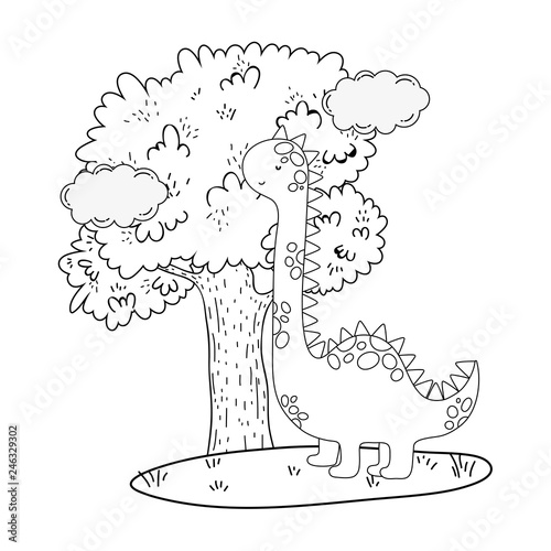cute apatosaurus with tree in the landscape