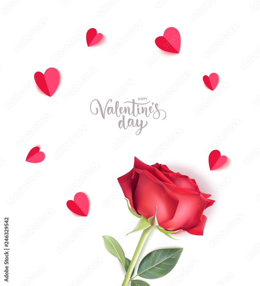 Happy Valentine's Day text with decorative paper heart and red rose isolated on white background. Spring design template. Vector illustration.