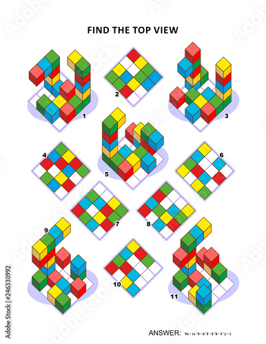 Educational math puzzle: Find the top view for each of the toy blocks structures. Answer included.