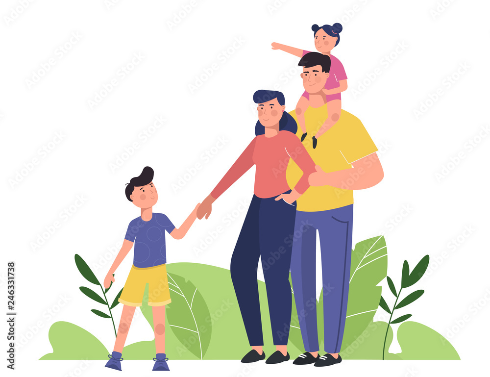 Happy family with parents and children. Young family: toddler girl and small  boy, mother and father standing together. Flat cartoon characters isolated  on white background. Stock Vector | Adobe Stock
