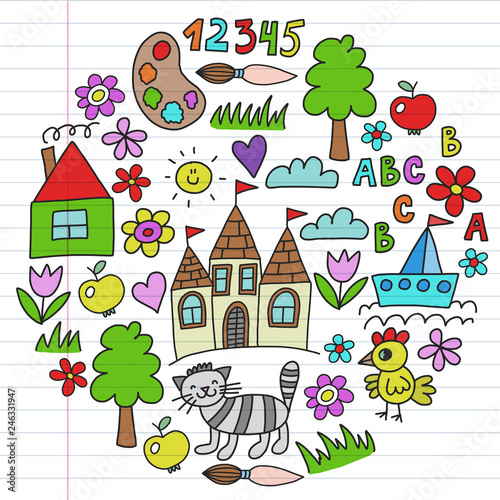 Kindergarten pattern, drawn kids garden elements pattern, doodle drawing, vector illustration, colorful, line.