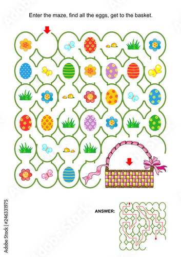 Easter egg hunt themed maze game with basket, painted eggs, fresh green grass, flowers. Answer included.
