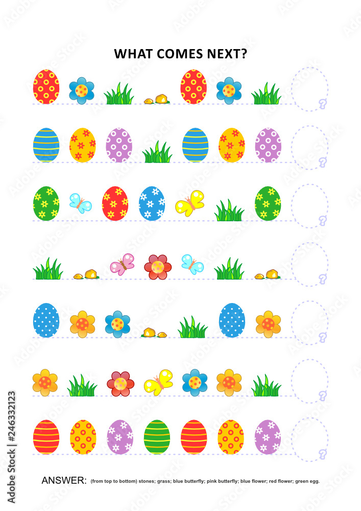 Easter themed educational logic game training sequential pattern recognition skills: What comes next in the sequence? Answer included.
Easter themed educational logic game training sequential pattern recognition skills: What comes next in the sequence? Answer included.
