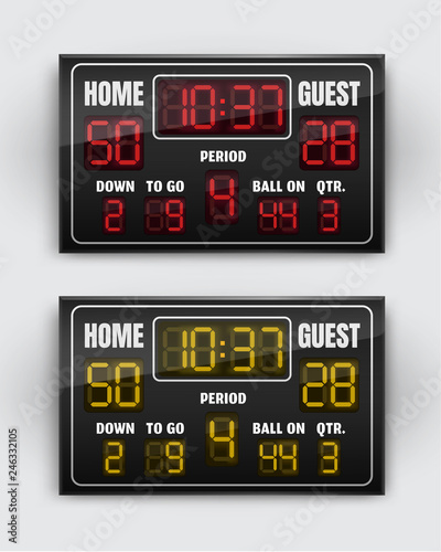 Vector illustration of sport scoreboard with digital font in red and yellow colors isolated on white background