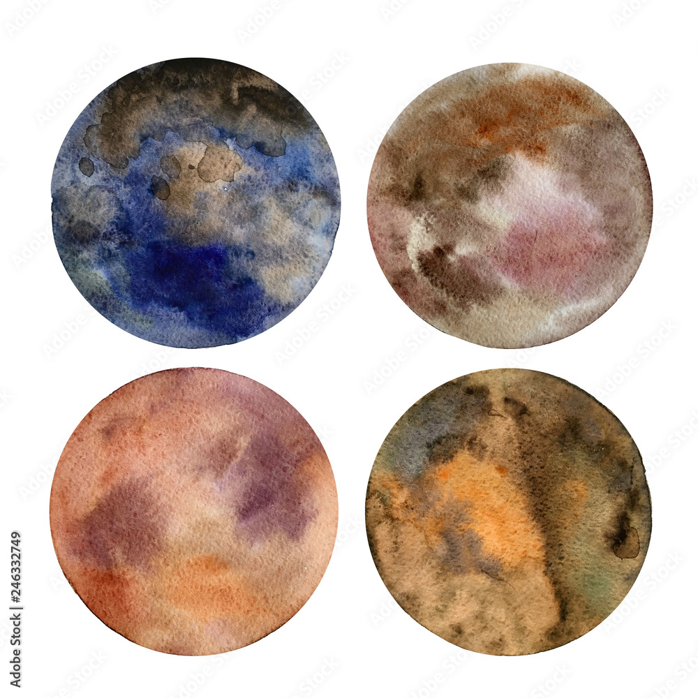 Set of colorful planets isolated on white background. Watercolor hand drawn abstract planet balls magic art work illustration. Colorful abstract geometric round shape sphere disc disk. Set of colorful planets isolated on white background. Watercolor hand drawn abstract planet balls magic art work illustration. Colorful abstract geometric round shape sphere disc disk.