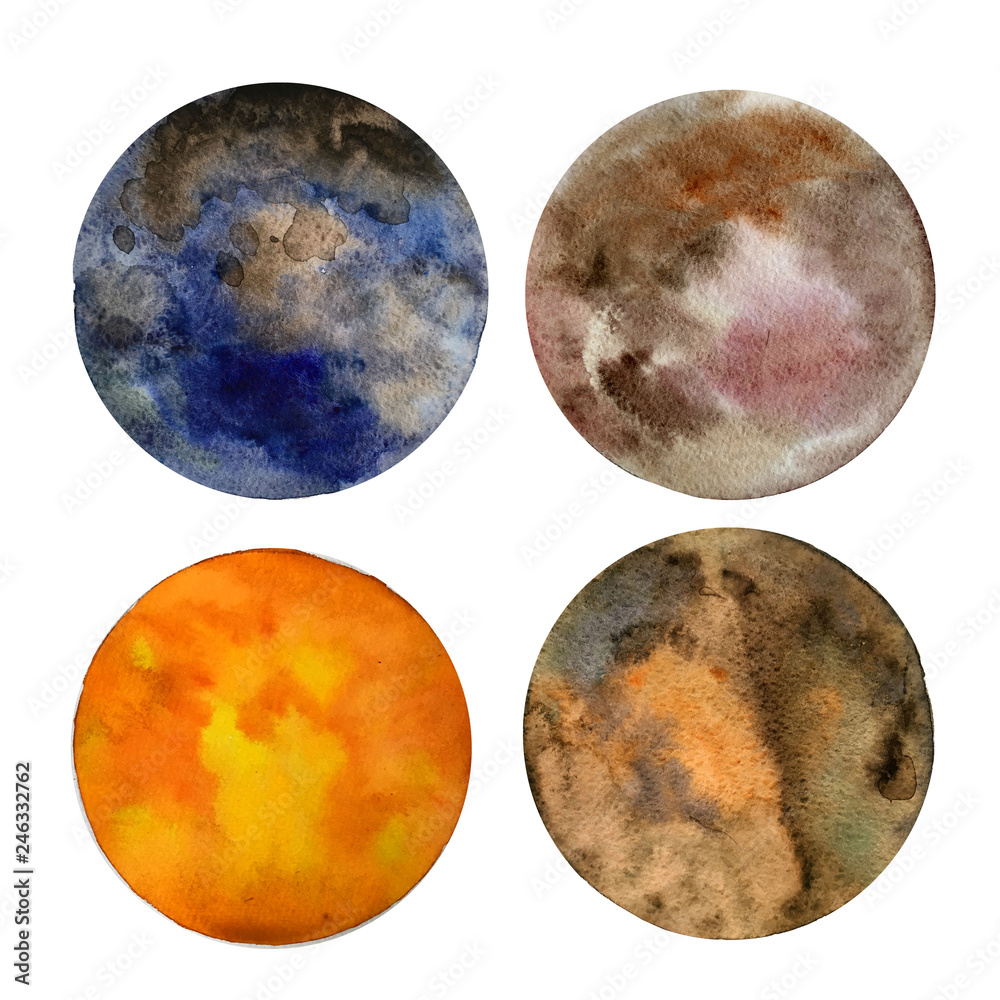 Set of colorful planets isolated on white background. Watercolor hand drawn  abstract planet balls magic art work illustration. Colorful abstract  geometric round shape sphere disc disk. Stock Illustration