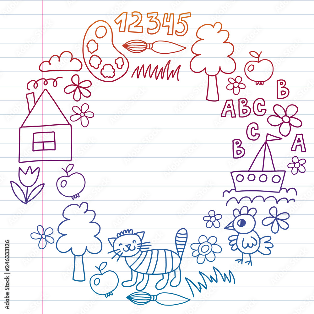 Kindergarten pattern, drawn kids garden elements pattern, doodle drawing, vector illustration, colorful, white, gradient.