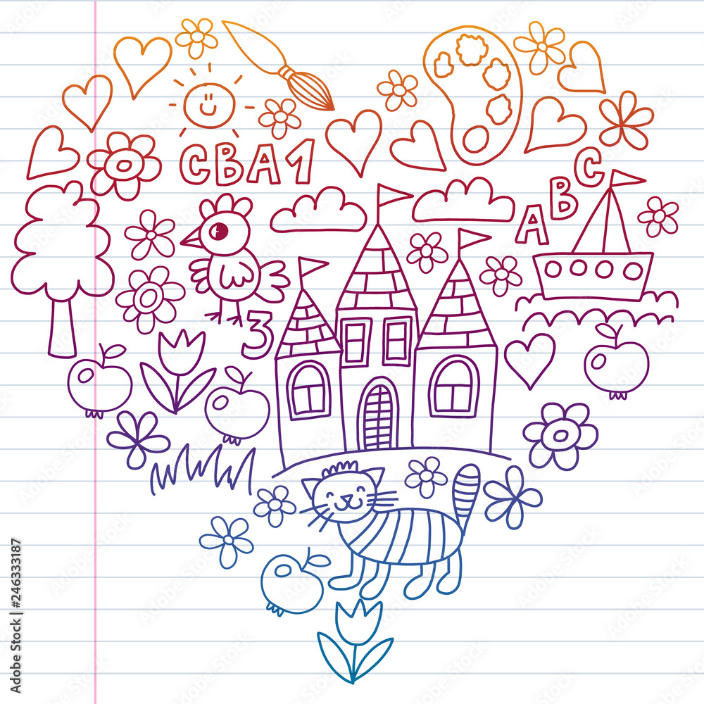 Kindergarten pattern, drawn kids garden elements pattern, doodle drawing, vector illustration, colorful, white, gradient.