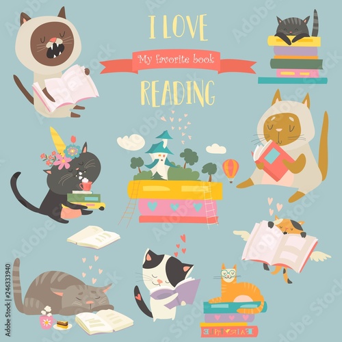 Funny cartoon cats reading books. Vector set