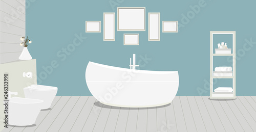 Provencal style bathroom with a fashionable bath,toilet, bidet, toilet paper,vase with snowdrops,a rack for towels and cosmetics, paintings on blue wall. Wooden planks on the floor.Vector illustration
