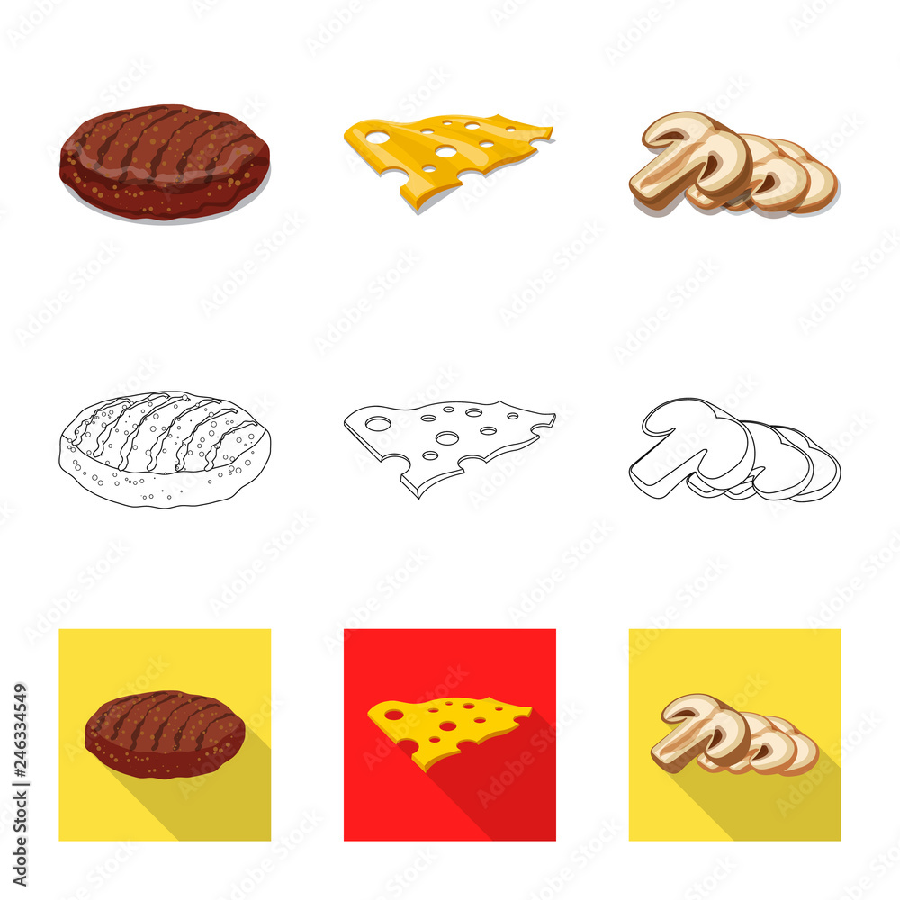 Isolated object of burger and sandwich sign. Set of burger and slice stock vector illustration. Isolated object of burger and sandwich sign. Set of burger and slice stock vector illustration.